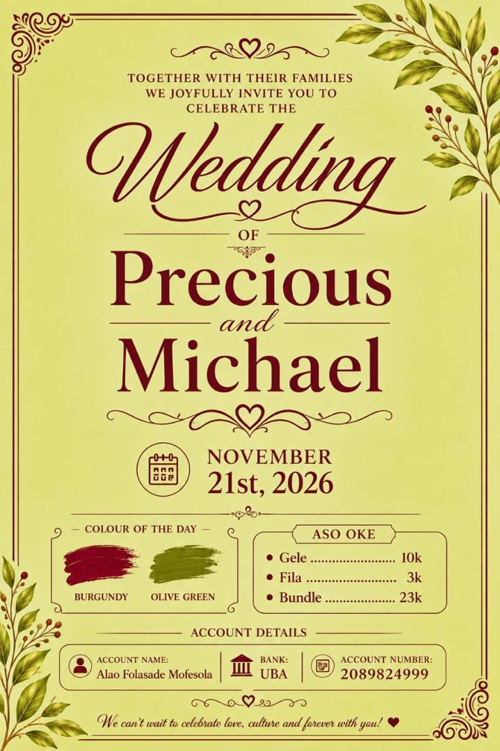 Wedding invitation card for Precious and Michael, 21st November 2026